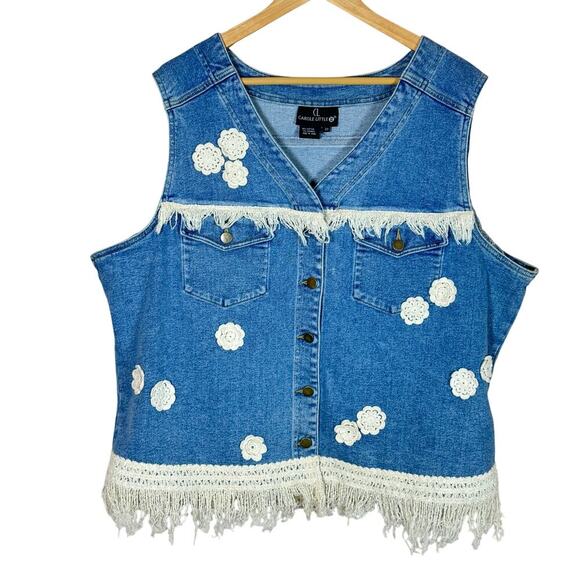 VTG Carole Little Plus Size Vest Denim Crochet Fringe 22 Cottage Western 90s - Picture 1 of 7